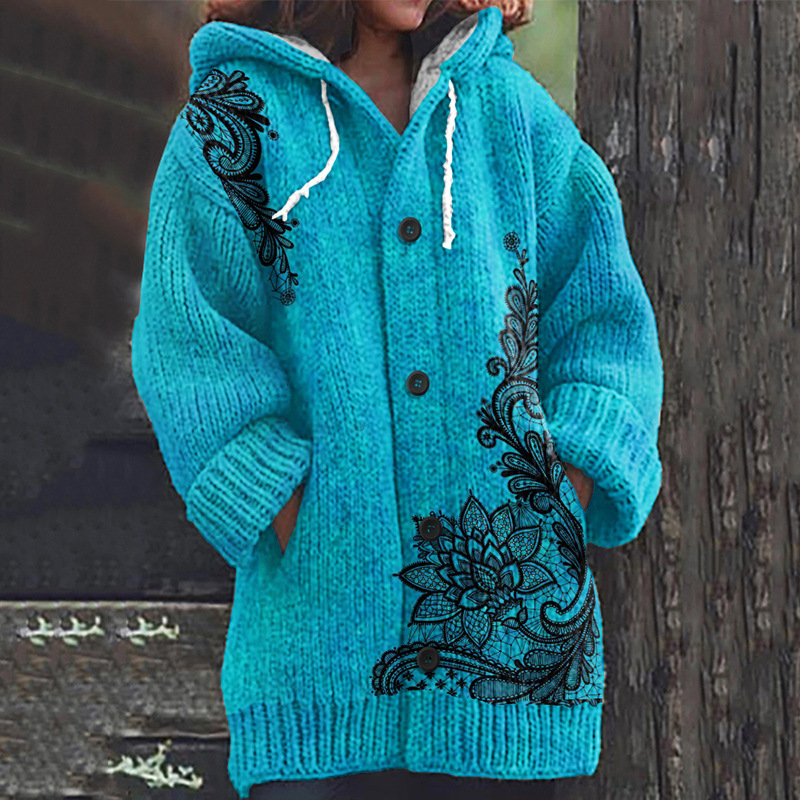 Women's Boho Print Hooded Button Cardigan Sweater