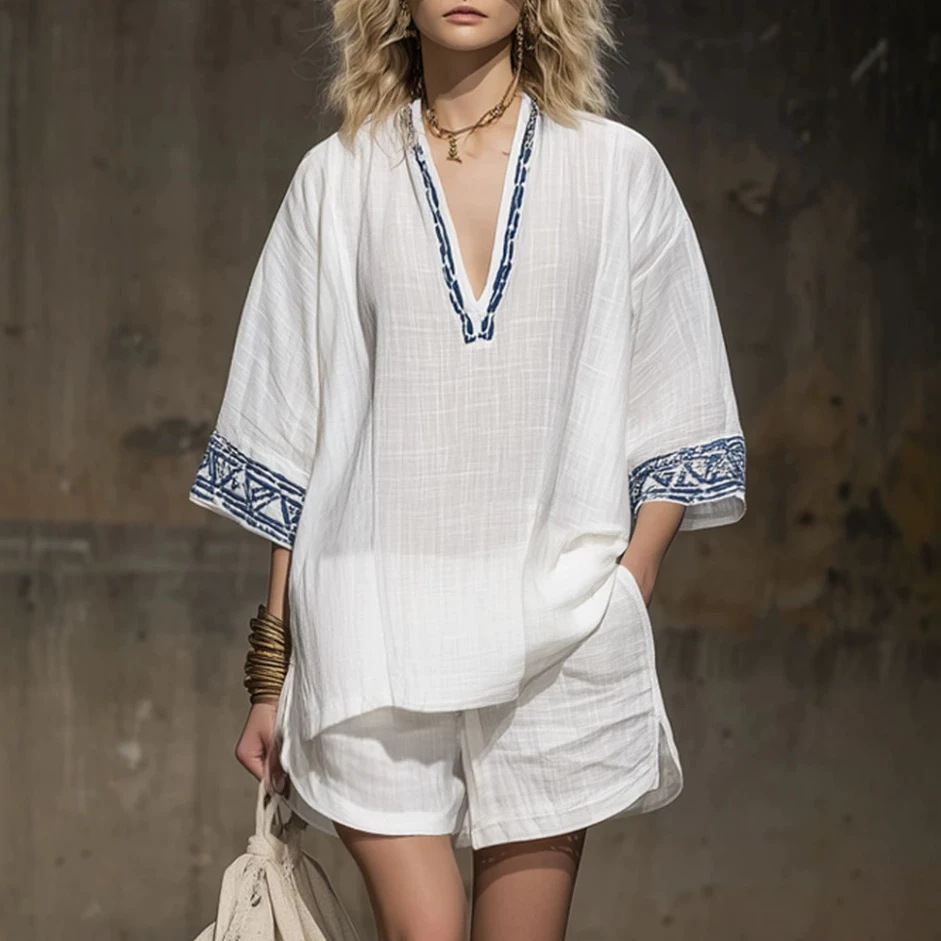 Bohemian Linen-Blend Printed V-Neck Short Sleeve Shorts Women's Set