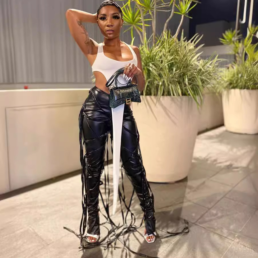 Women's PU Leather Flare Pants with Asymmetric Waist and Multi-Strap Lace-Up
