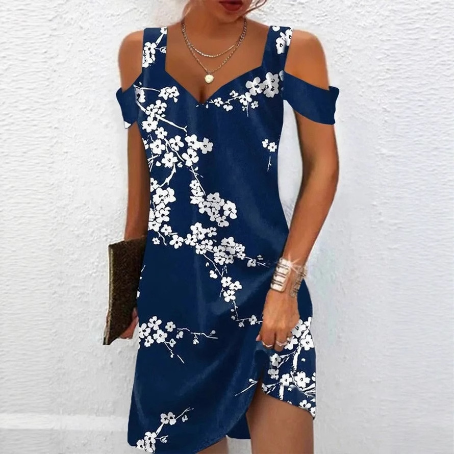 Blue V-Neck Floral Print Summer Dress