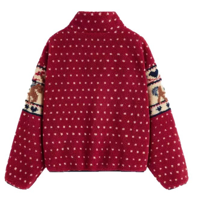 Christmas Snowflake Moose Zip-Up Long Sleeve Pocket Wool Coat