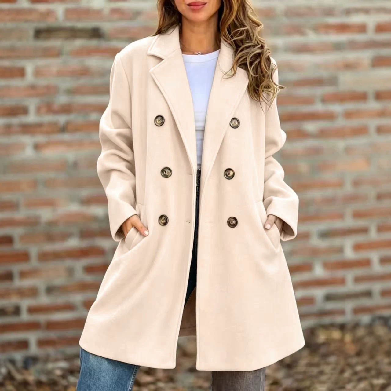 Double-Breasted Wool-Blend Coat with Lapel Collar