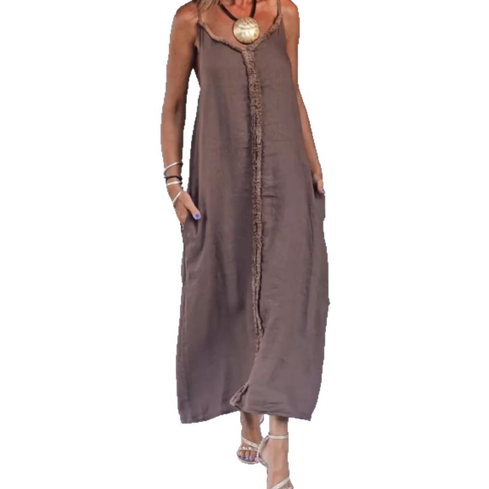 Women's Loose Casual Solid Color Sleeveless V-Neck Midi Dress