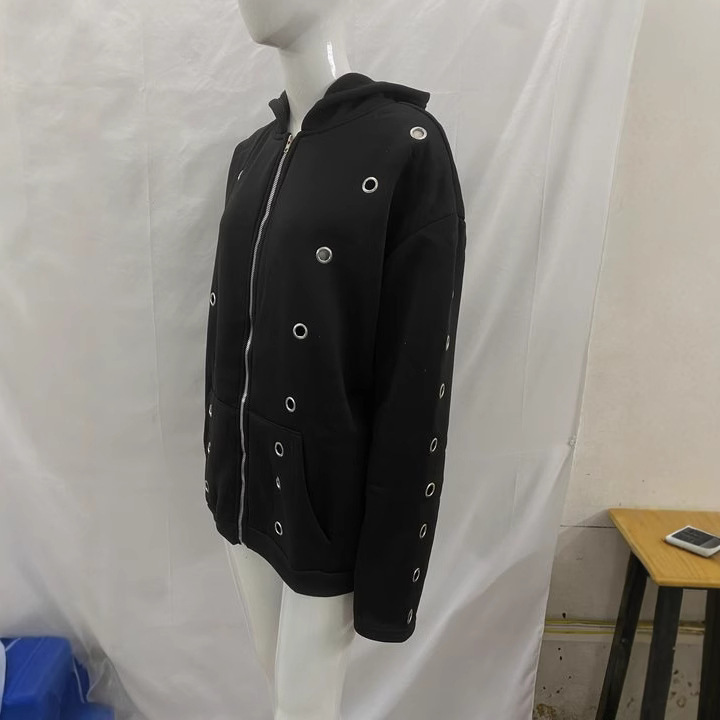 Unisex Loose Zip-Up Hoodie with Metal Ring Cutout and Eyelet Design