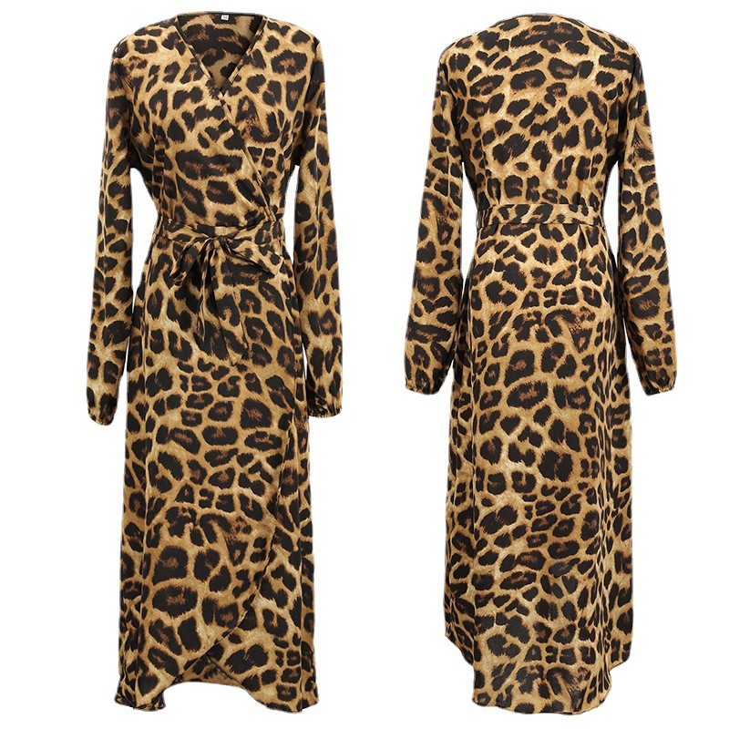 Leopard Print V-Neck Tie Midi Dress Long Sleeve High Waist
