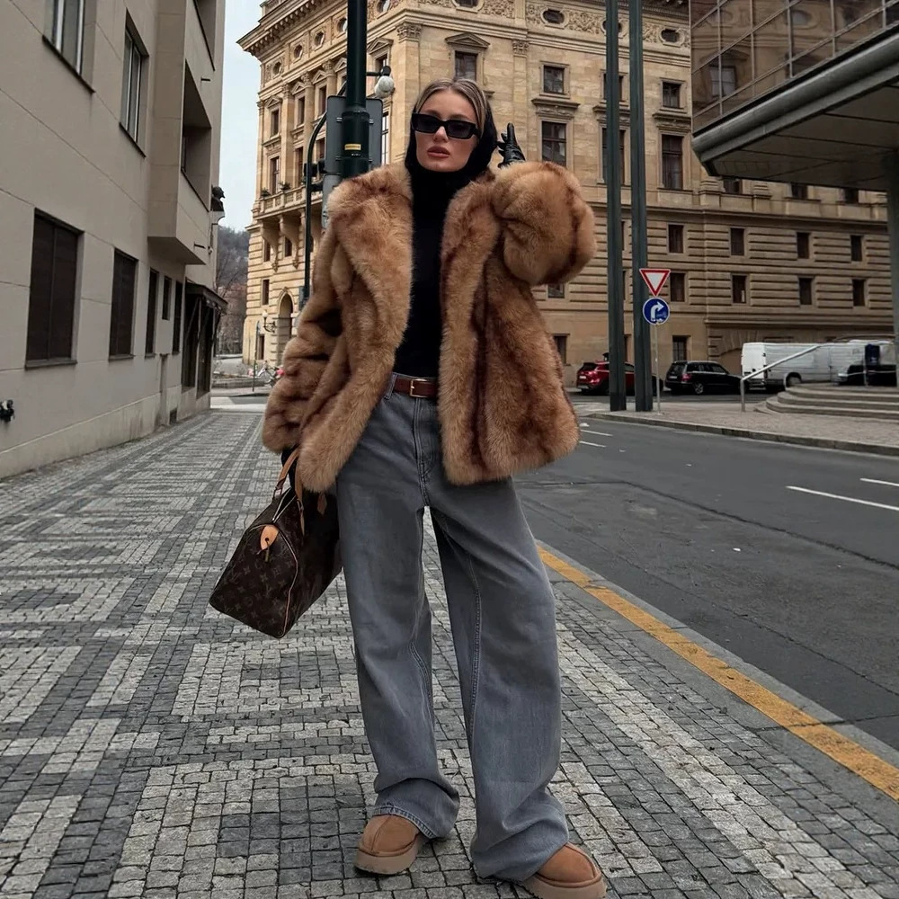 Yellow Striped Faux Fur Coat Women's Loose Thickened Mid-Length