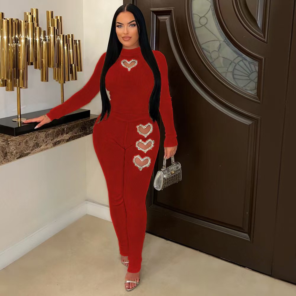 Women's Heart Rhinestone Long Sleeve Solid Color Pant Set