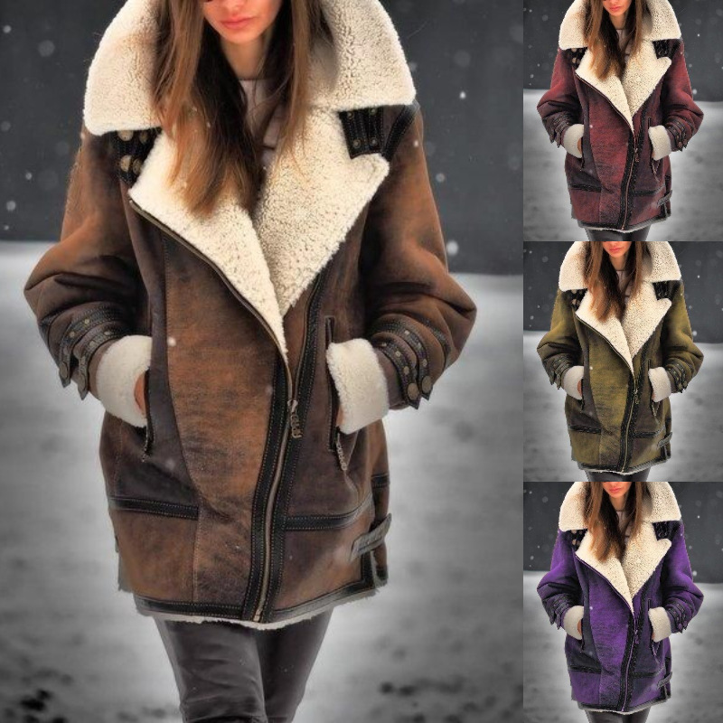 Thick Faux Suede Faux Fur Women's Coat Long Zip-Up