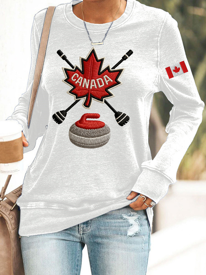 Canada Maple Leaf Curling Print Crewneck Sweatshirt