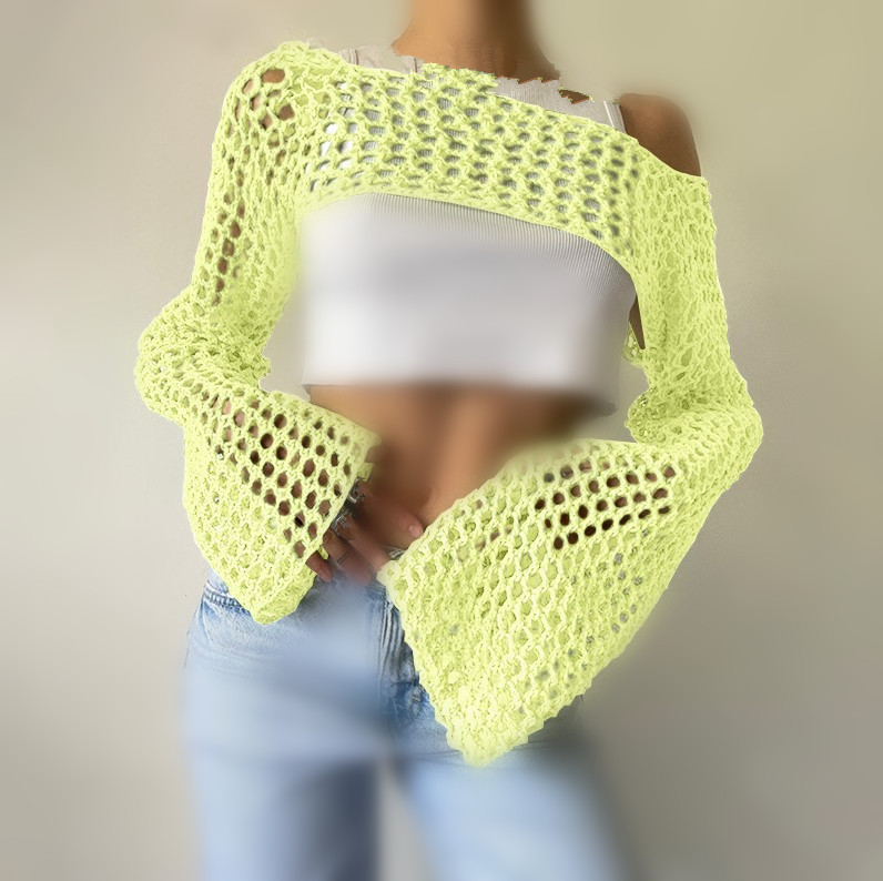 Women's Crochet Mesh Crop Top with Bell Sleeves