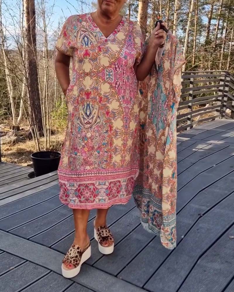 Women's Floral Print V-Neck Short Sleeve Pocket Dress