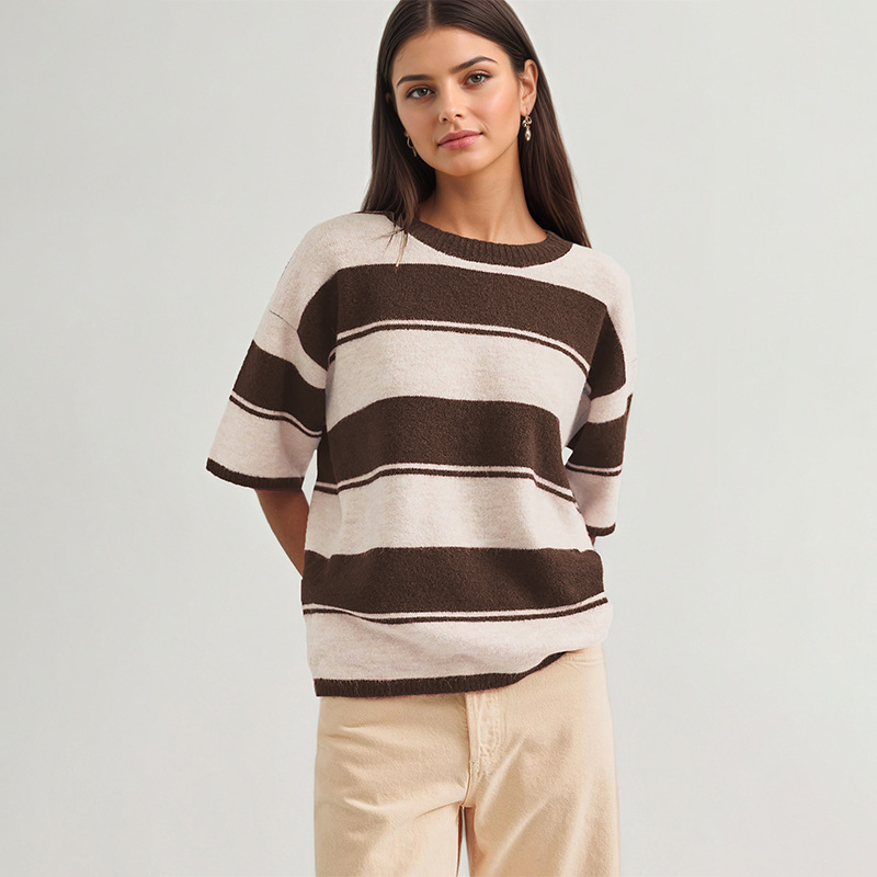 Striped Crewneck Knit Sweater Loose Fit Colorblock Pullover
