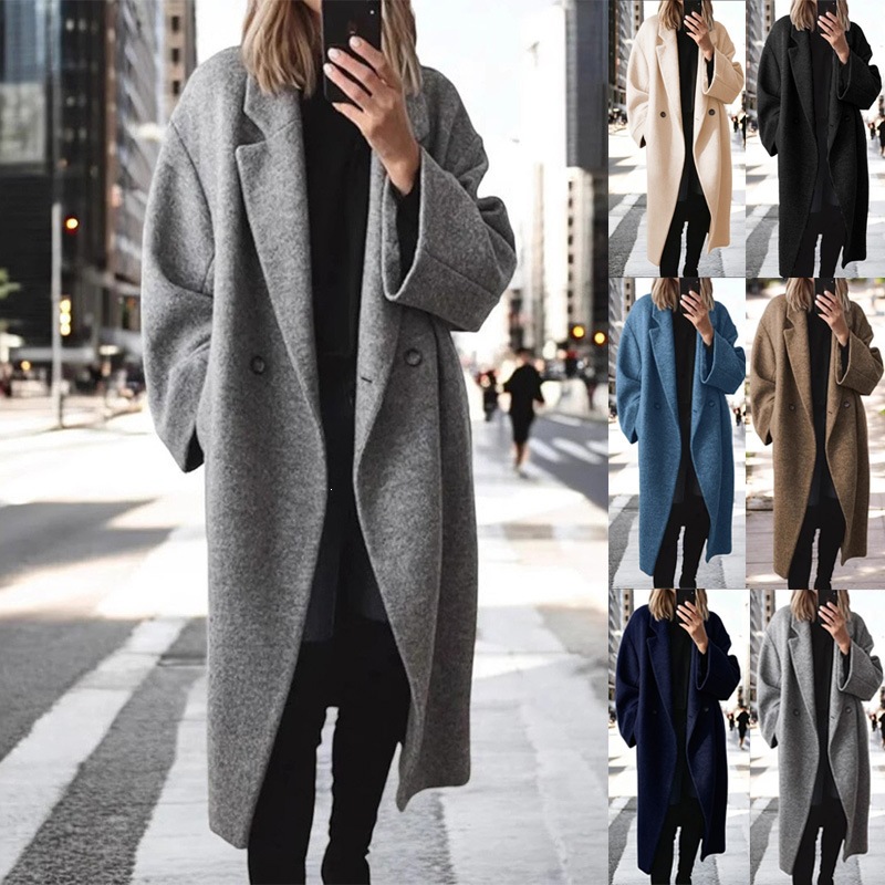 Women's Wool-Blend Long Trench Coat with Suit Collar, Loose Fit, Multi-Color