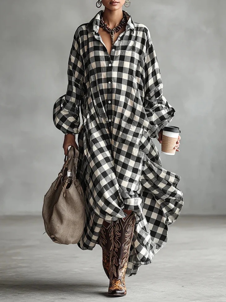Digital Print Plaid Loose Long Shirt Dress