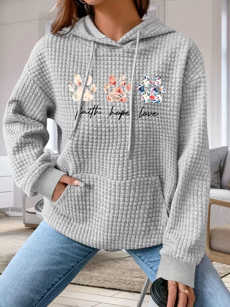 Women's Animal Paw Print Waffle Knit Hoodie Casual Pullover