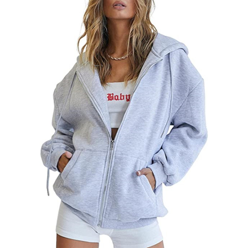 Women's Minimalist Solid Print Zip-Up Hoodie