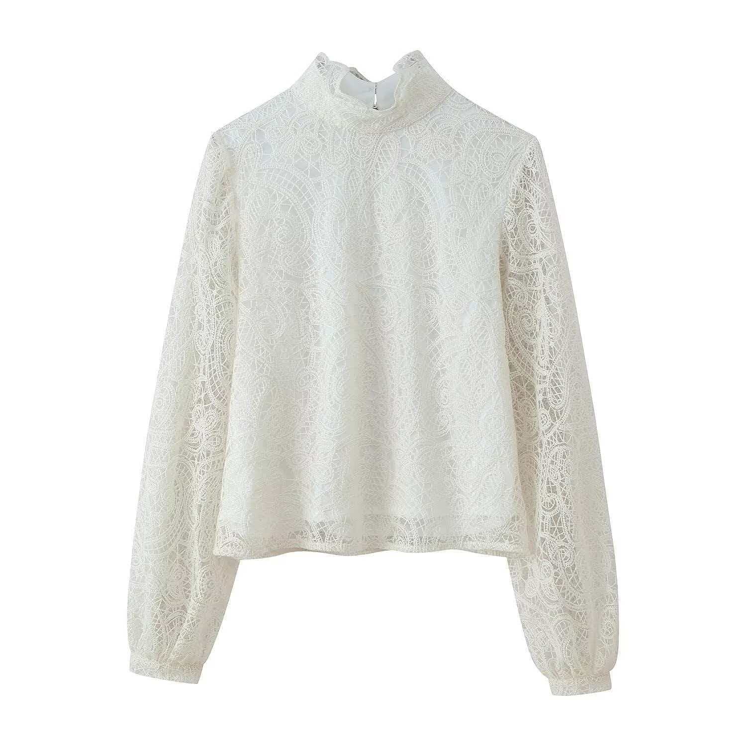 Women's Summer Lace Two-Piece Set with Lantern Sleeves and High Neck