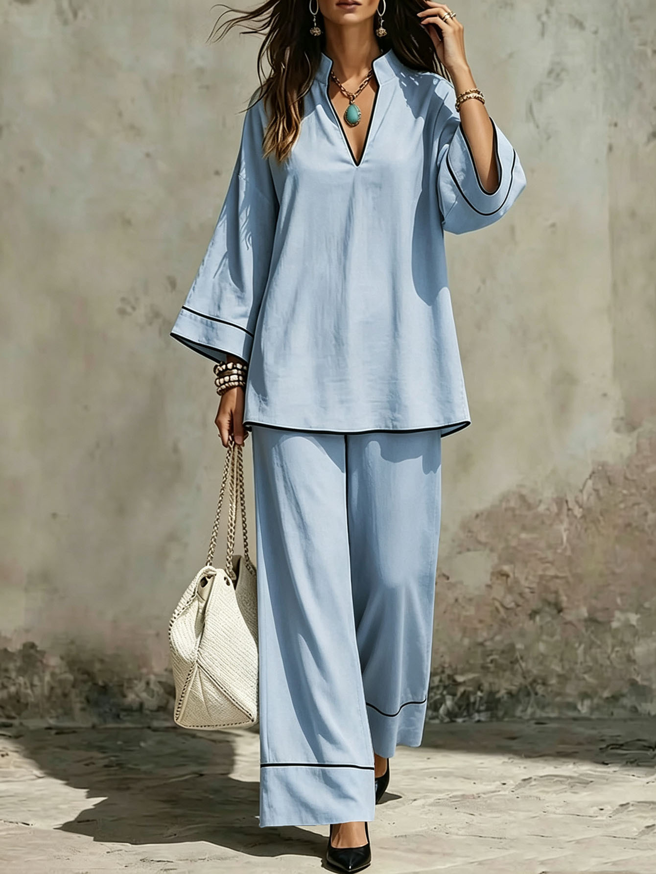 Women's Casual Two-Piece Set Long Sleeve V-Neck Colorblock T-Shirt and Pants