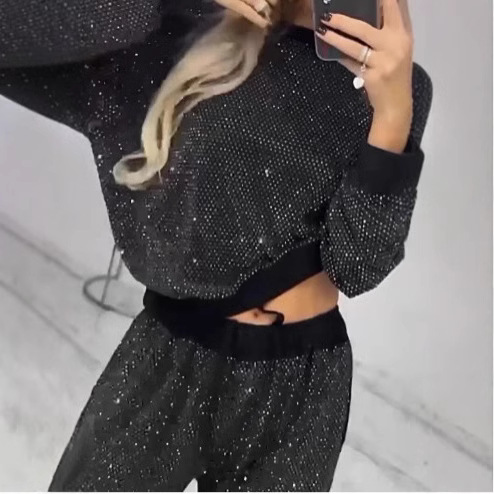 Women's Starry Print Long Sleeve Crewneck Loose Top & Drawstring Wide-Leg Two-Piece Set