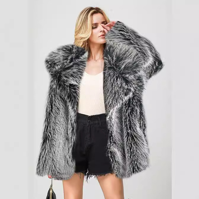 Faux Fur Mid-Length Coat with Faux Fur Collar, Elegant Warm Outerwear