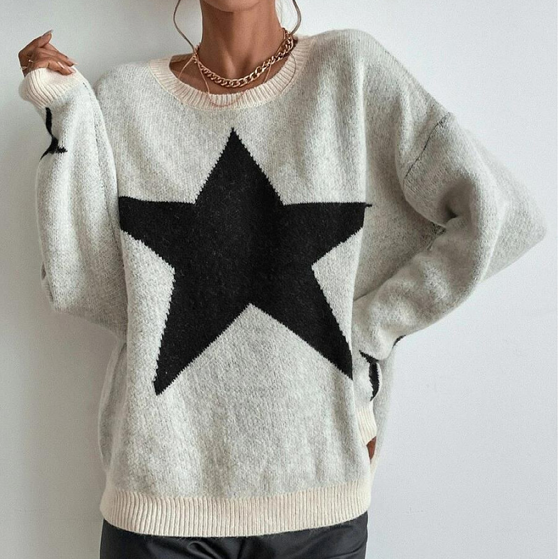Women's Ribbed Knit Pullover Sweater with Star Pattern