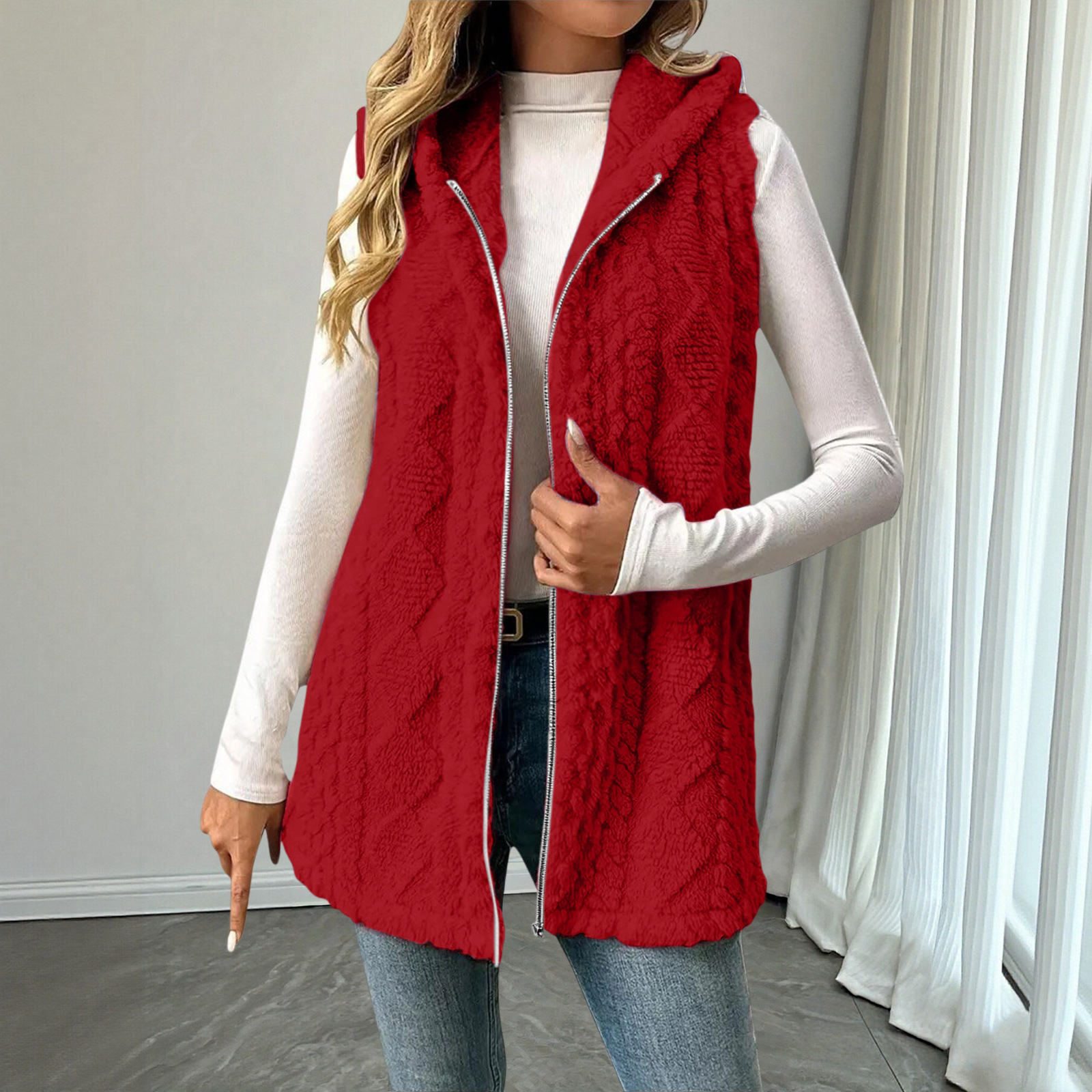 Women's Plush Fleece Hooded Zip-Up Vest Coat Solid Color Mid-Length Casual