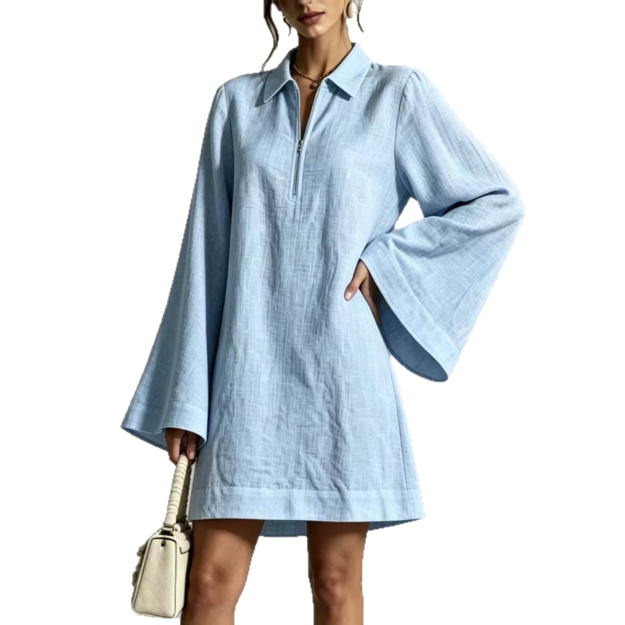 Solid Color Half-Zip Collared Loose Lightweight Long-Sleeve Casual Dress