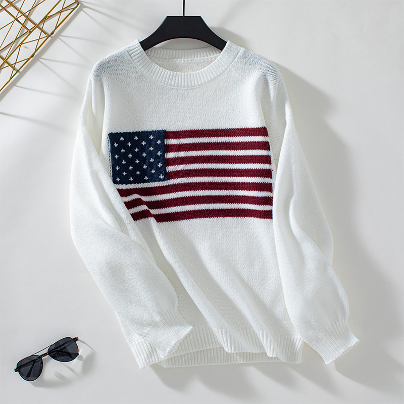 American Flag Crewneck Pullover Knit Sweater