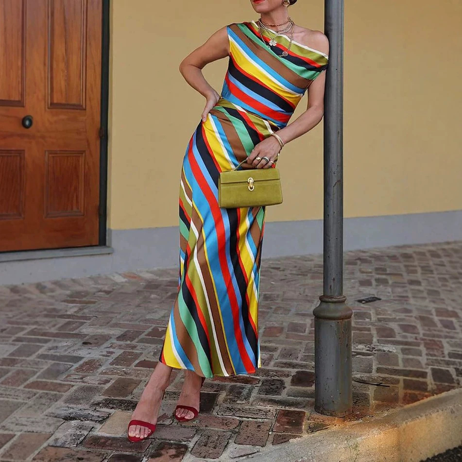 Color-Block Striped One-Shoulder Sleeveless Long Dress