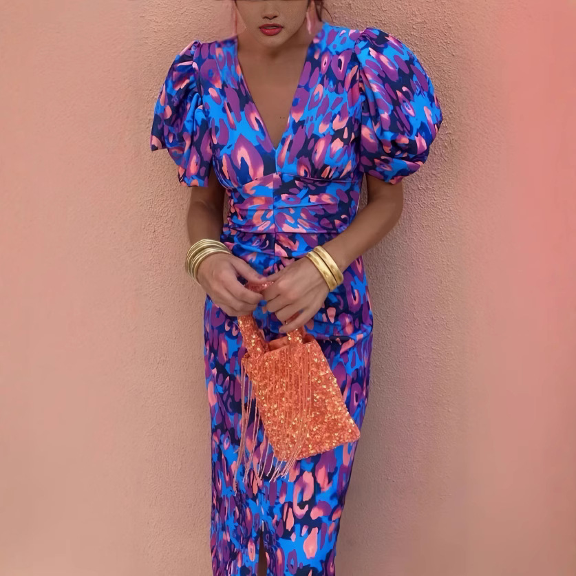 Printed V-Neck Bodycon Bubble Sleeve Dress