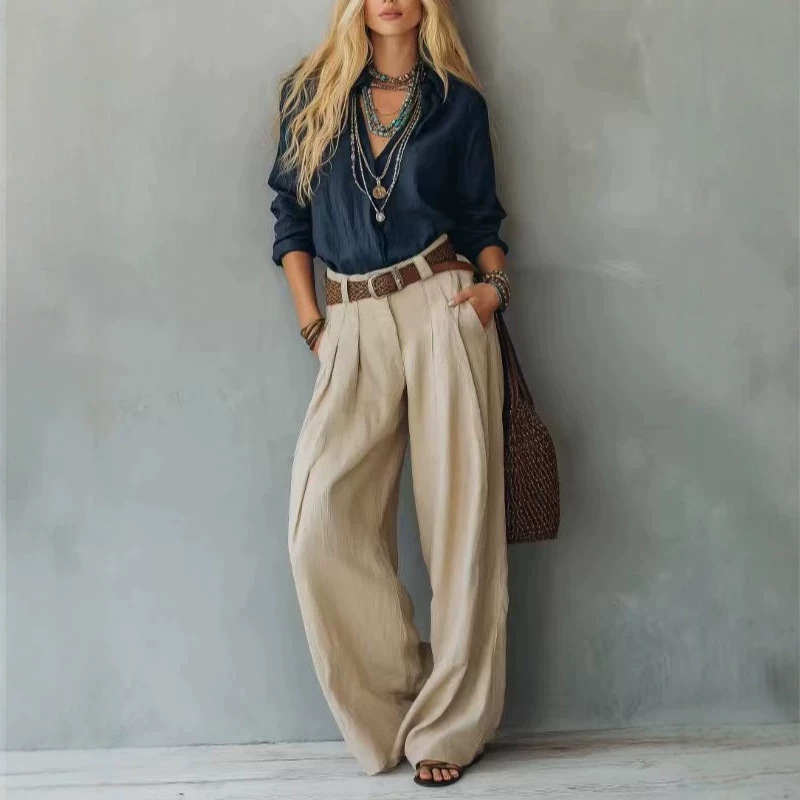 Women's Cotton-Linen Long-Sleeve Casual Pants Set with Shirt, Color-Block, No Belt