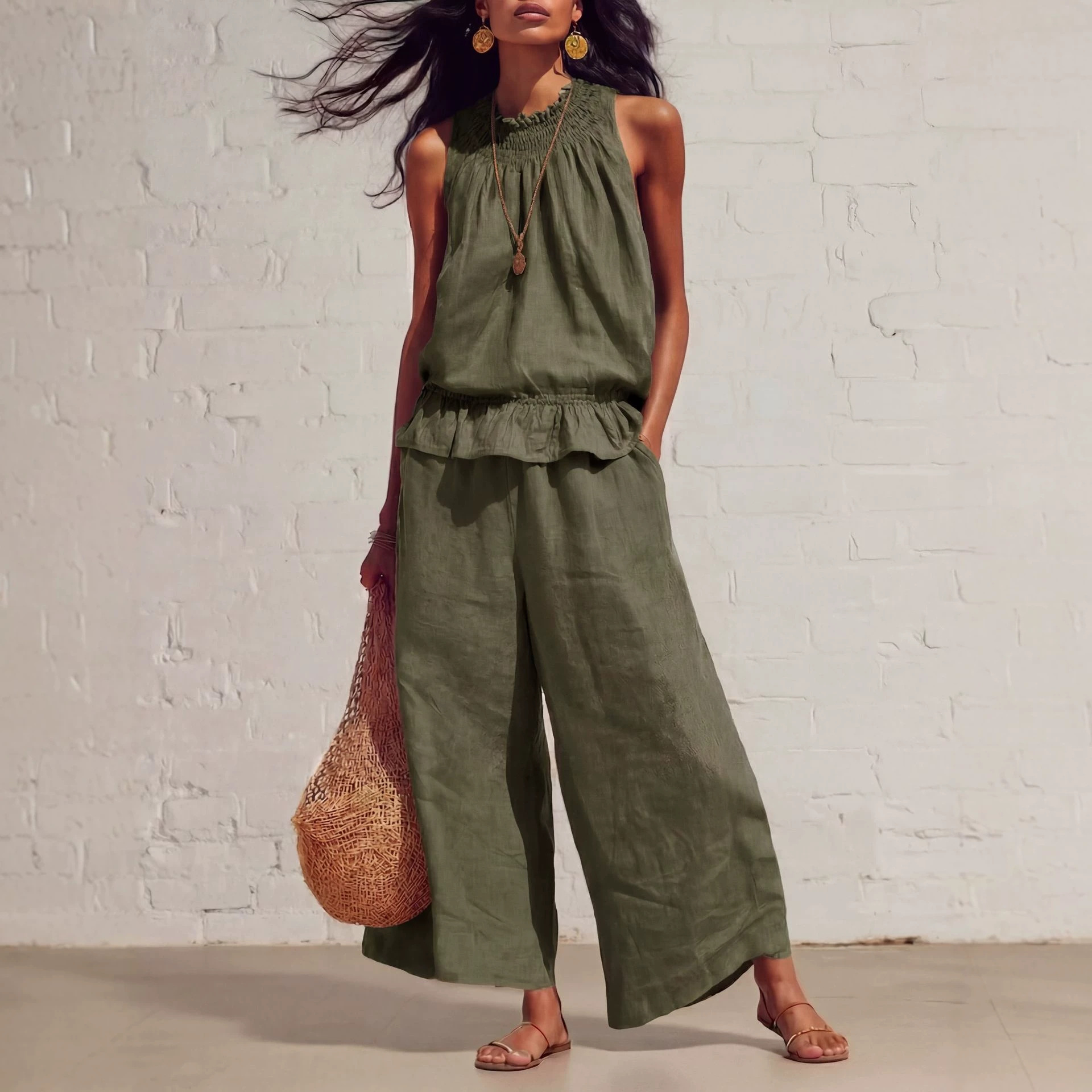 Women's Boho Ruffle Two-Piece Set Sleeveless Shirt and Wide-Leg Pants