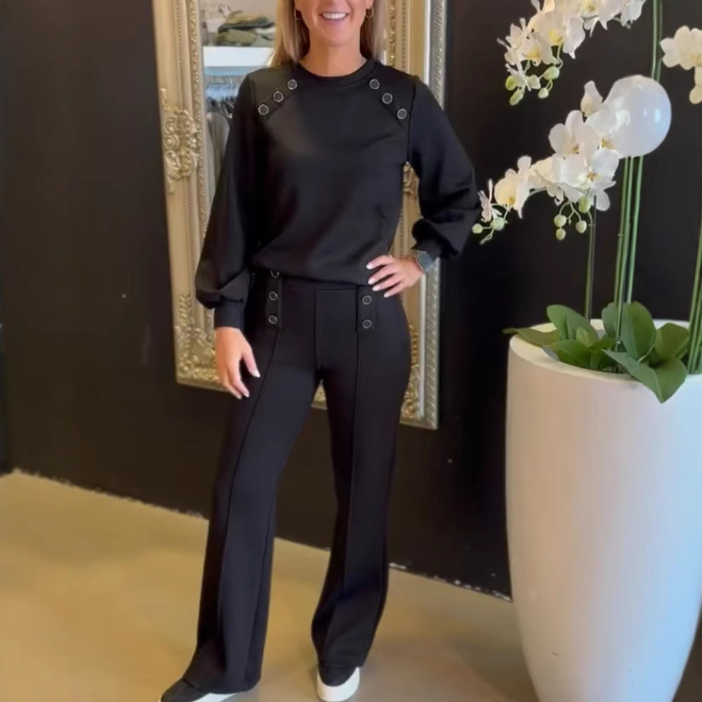 Elegant Round Neck Long Sleeve Button Solid Color Pants Set for Women