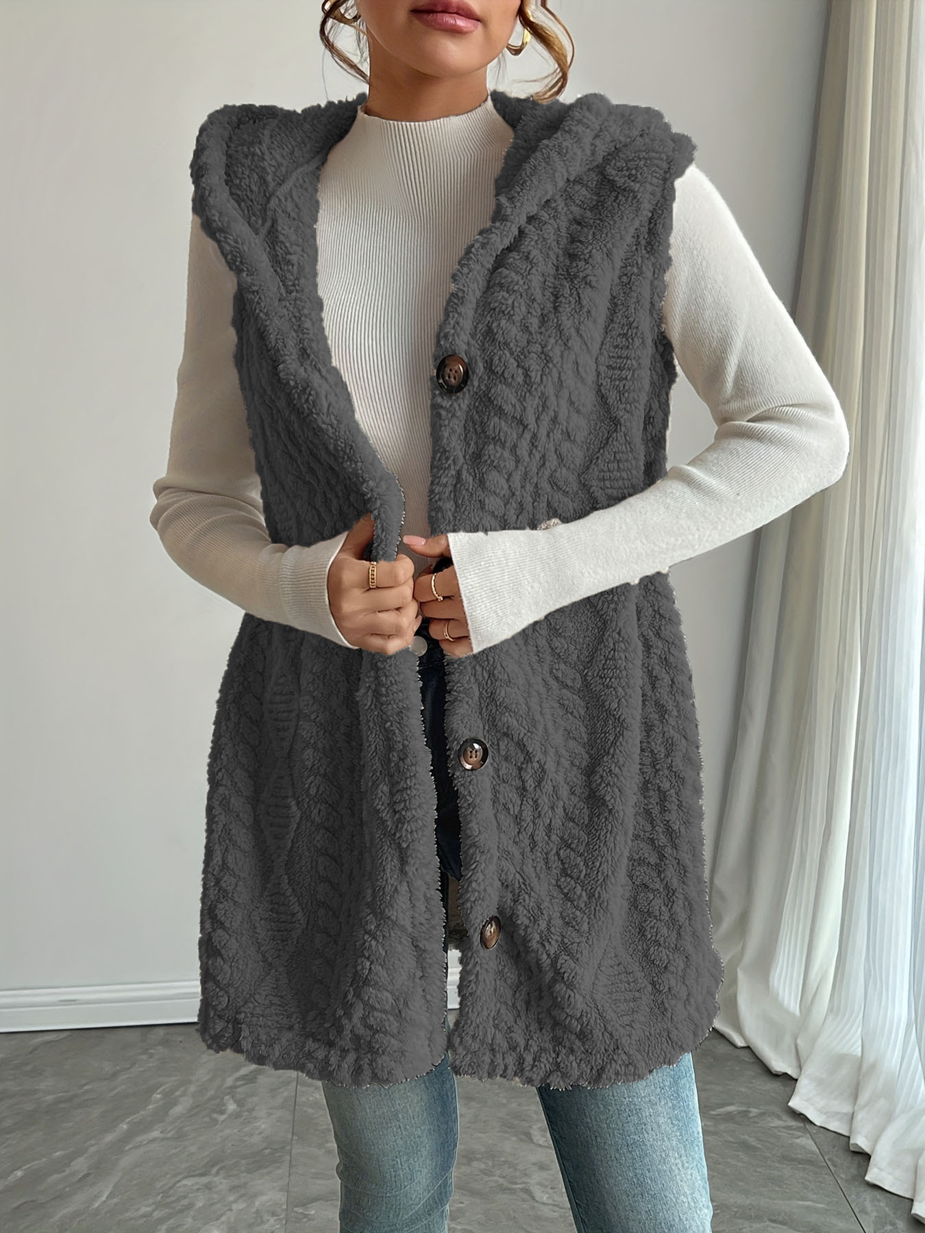 Solid Double-Sided Fleece Hooded Button Cardigan Vest