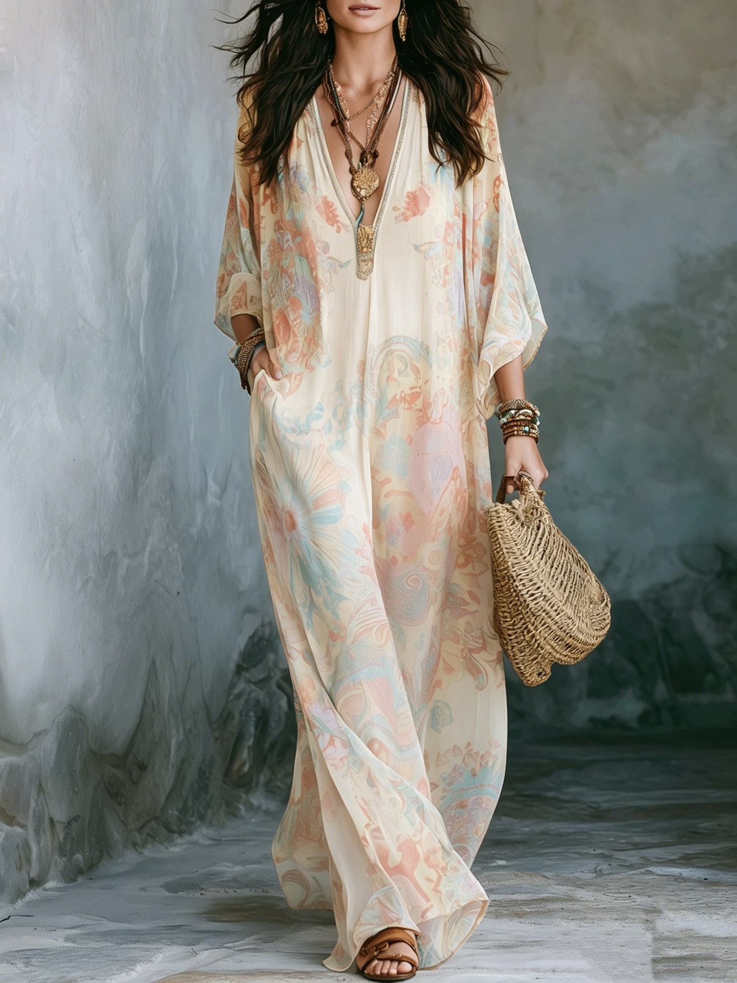 Floral Print Boho Maxi Dress Long Sleeve Deep V-Neck A-Line