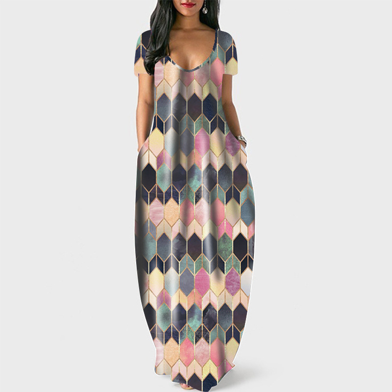 Women's Round Neck Short Sleeve Pocket Geometric Print A-Line Midi Dress