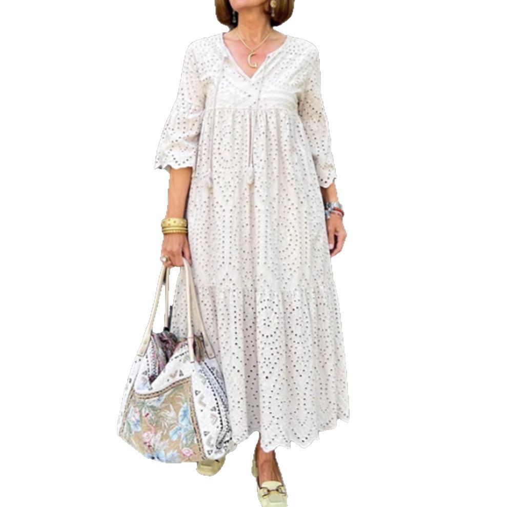 Women's Hollow-Out V-Neck Solid Casual Dress