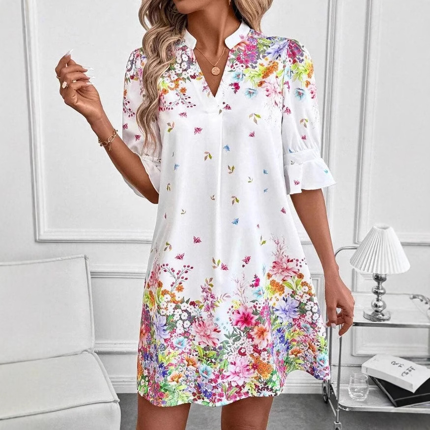 Floral Print V-Neck Half-Sleeve Shirt Dress