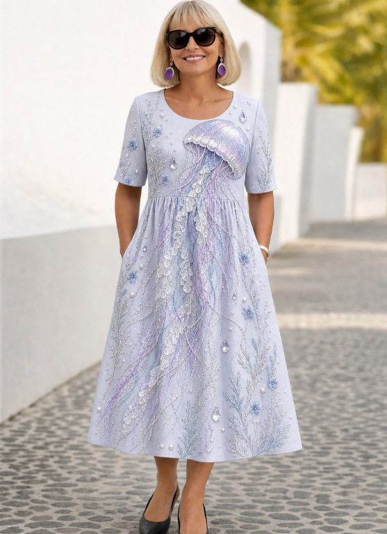 Women's Ocean Animal Print Midi Dress Short Sleeve Round Neck Slim Fit