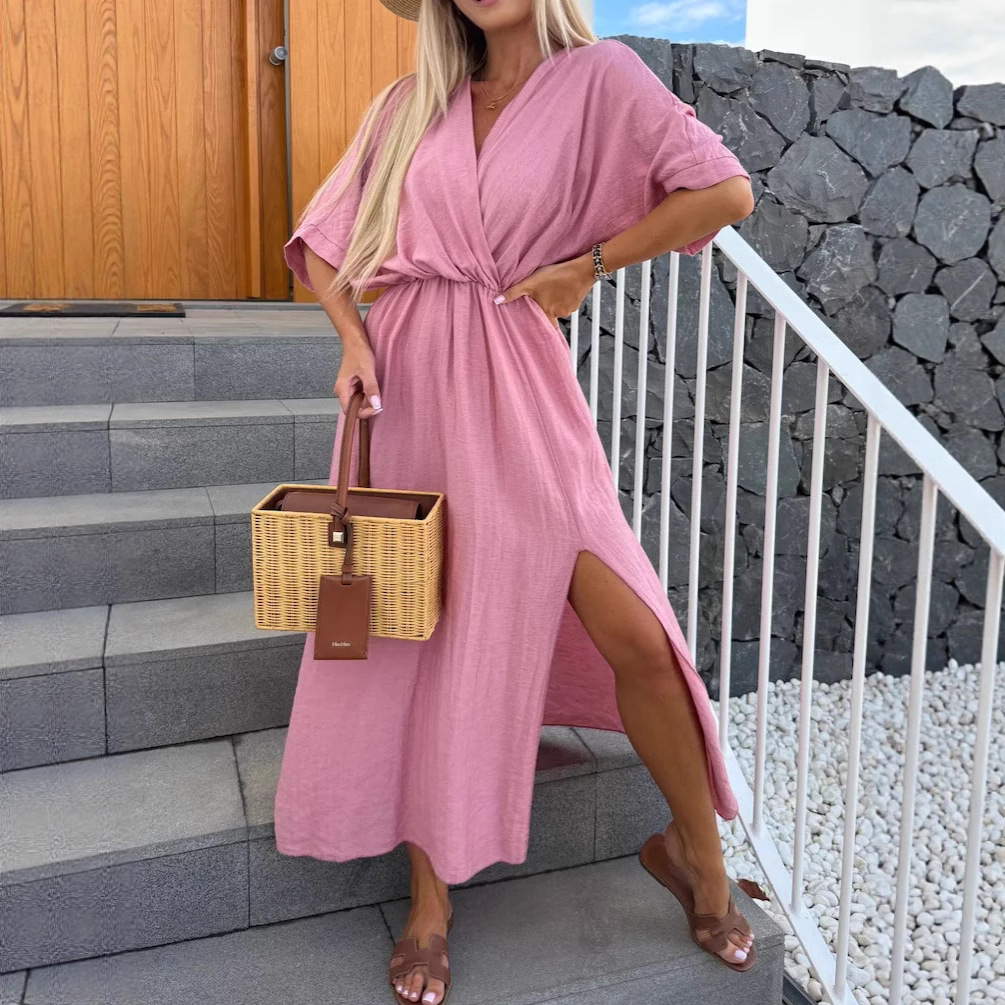 Solid V-Neck Half-Sleeve High-Waist Long Dress