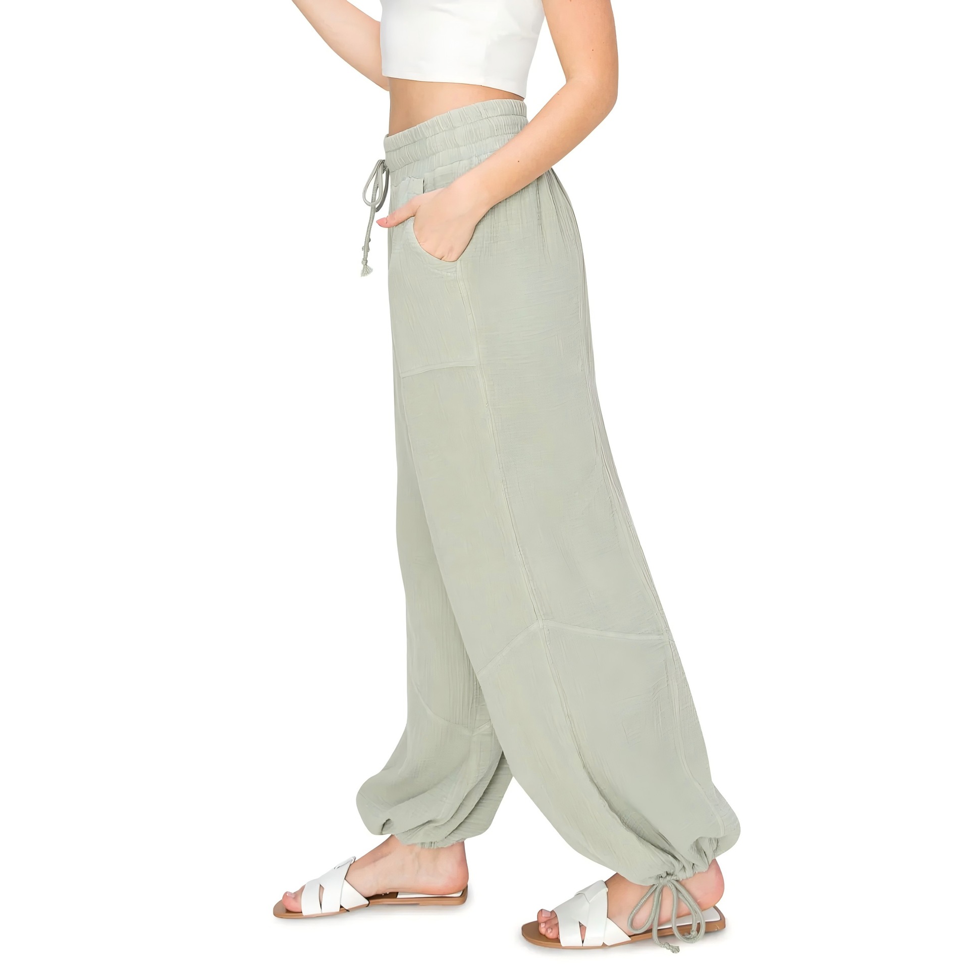 Women's High-Waist Drawstring Solid Color Tapered Pants