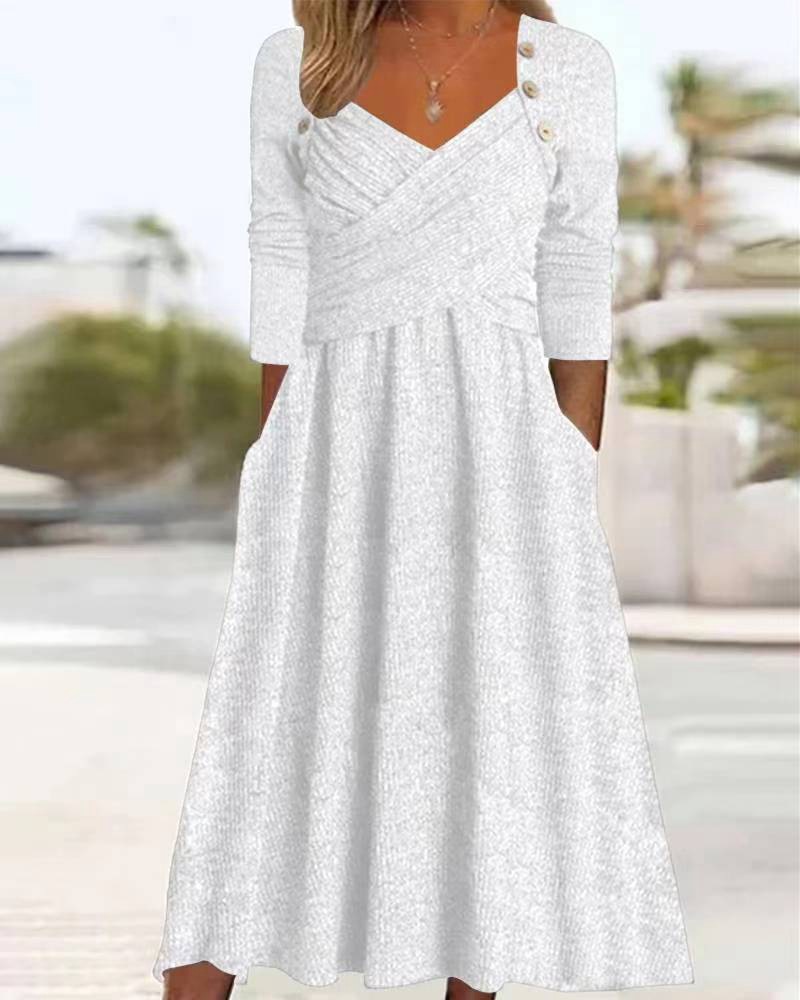 V-Neck Solid Color Long Sleeve Casual Dress