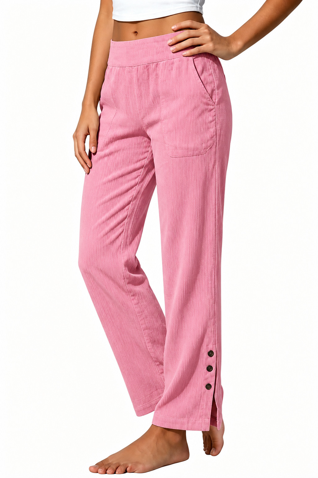 2026 European & American Cross-Border Women's Corduroy Casual Straight-Leg Pants High-Waist Loose Side-Pocket Slit Button Trousers for Women