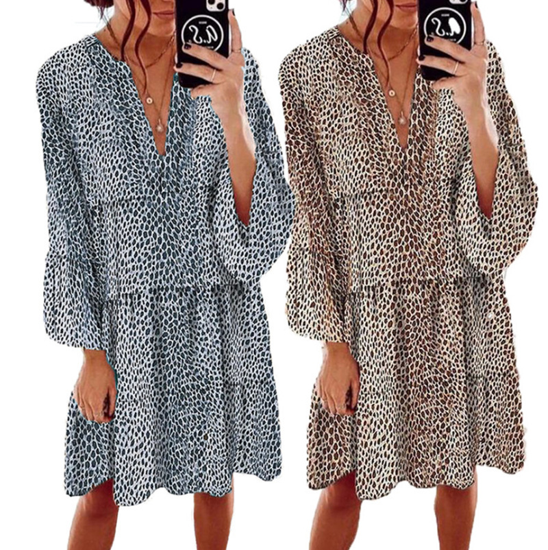 Leopard Print V-Neck Long Sleeve Pleated Midi Dress