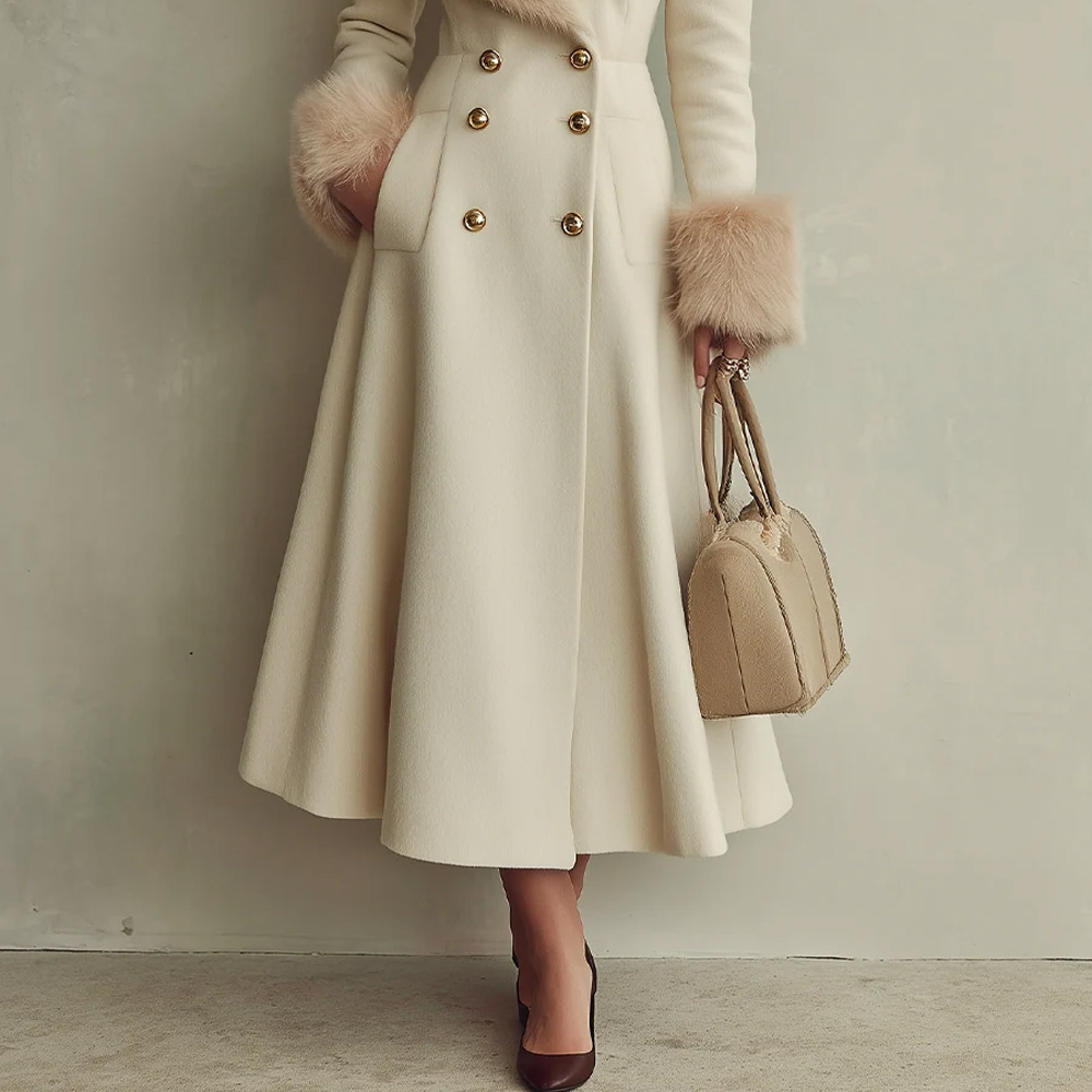 Women's Faux Fur Collar Double-Breasted Long Trench Coat