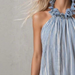 Light Blue Striped Halter Maxi Dress with Ruffles and Open Back