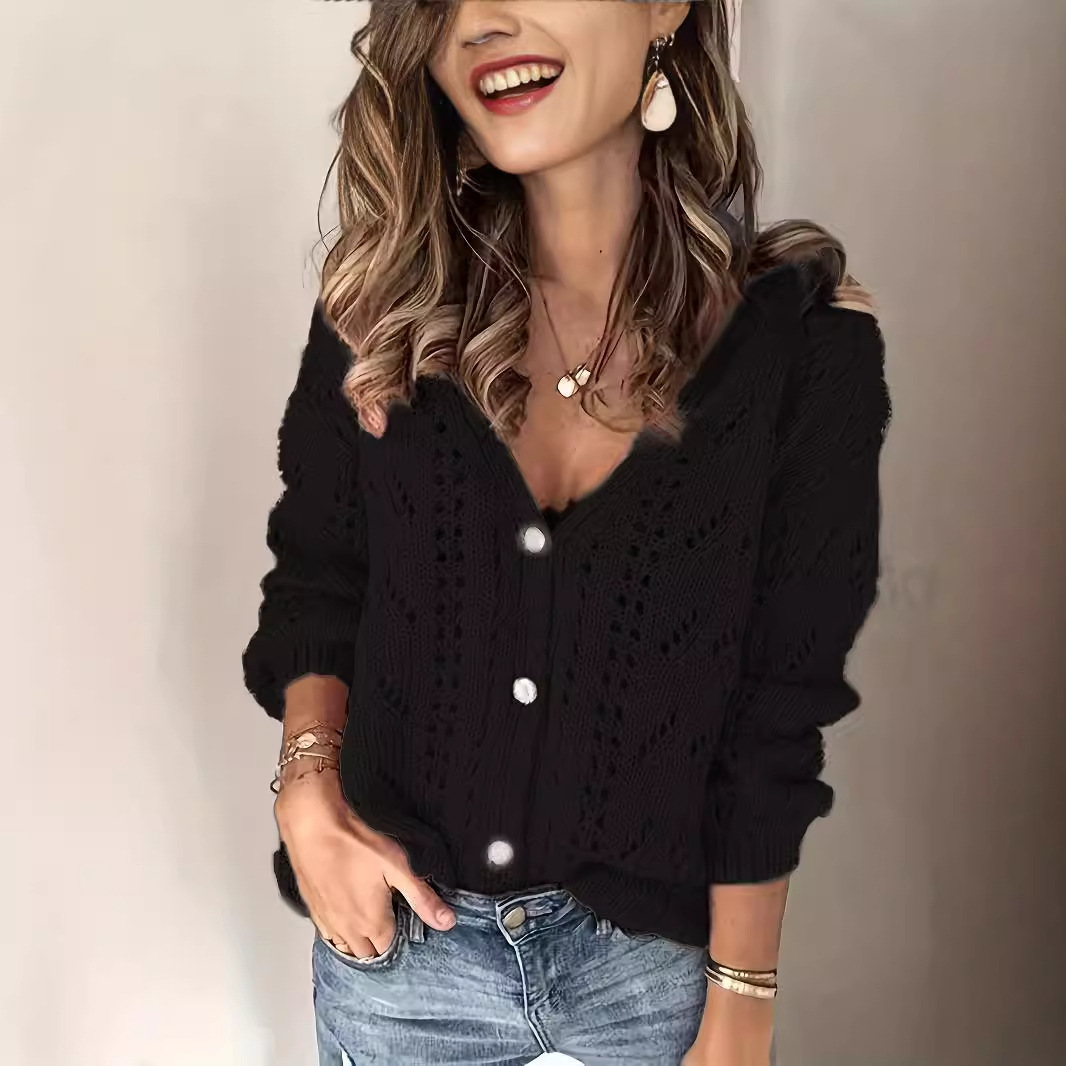 Women's Openwork Crochet Knit Cardigan V-Neck Solid Color