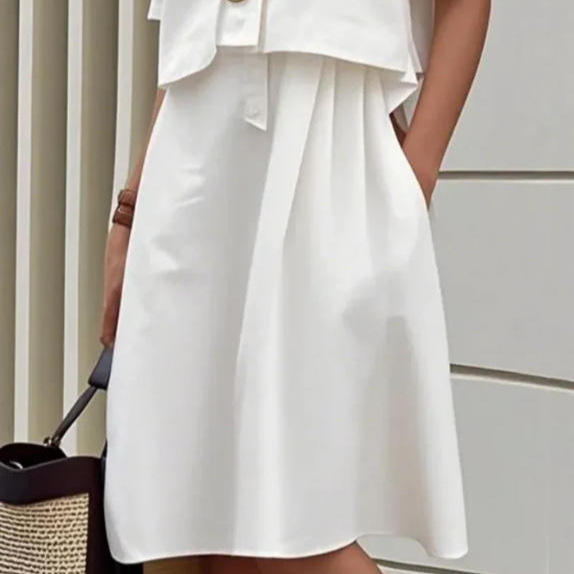 Women's White Elastic Waist Zip Pocket A-Line Cargo Dress Set