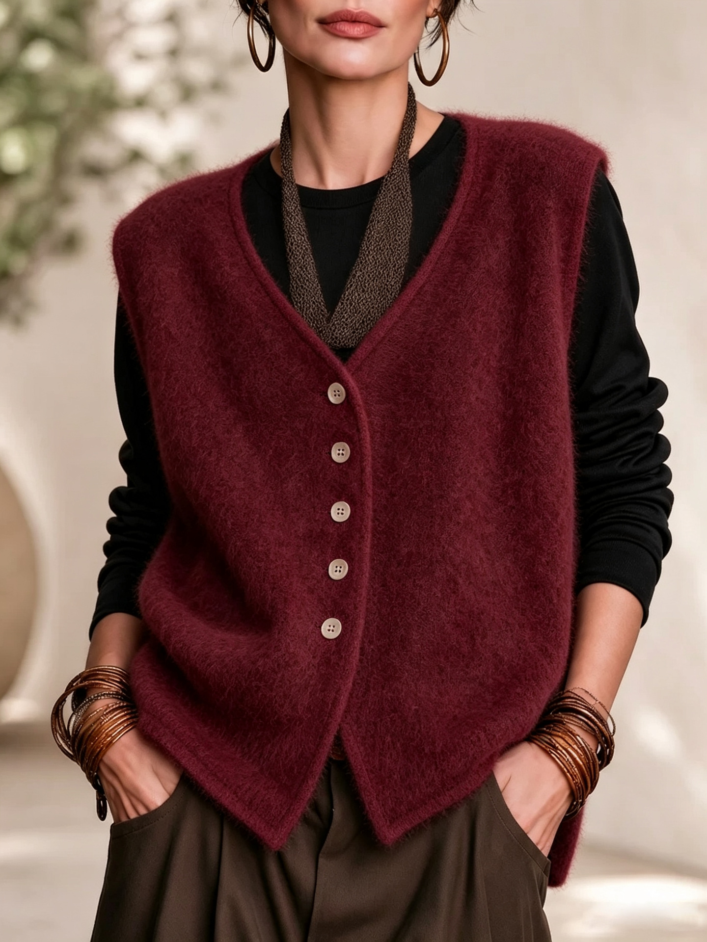 V-Neck Single-Breasted Loose Sleeveless Fleece Knit Vest