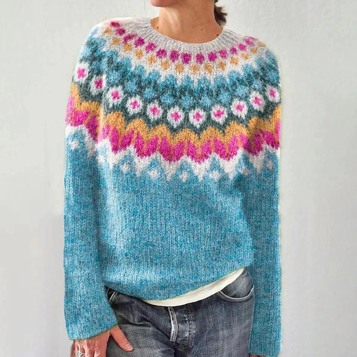 Women's Color-Block Crewneck Pullover Knit Sweater